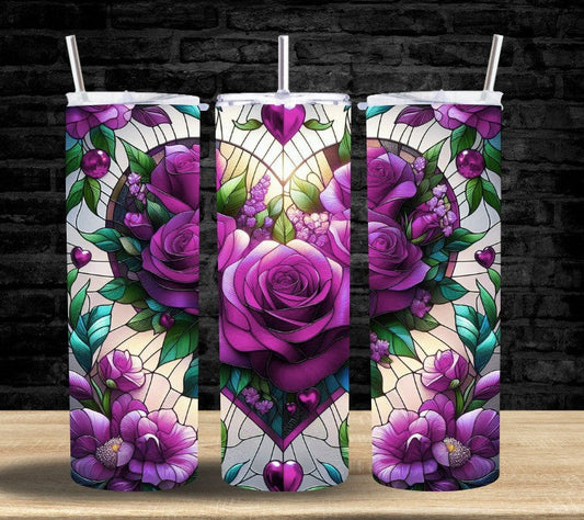 Roses Stained Glass Heart Purple - Tumbler